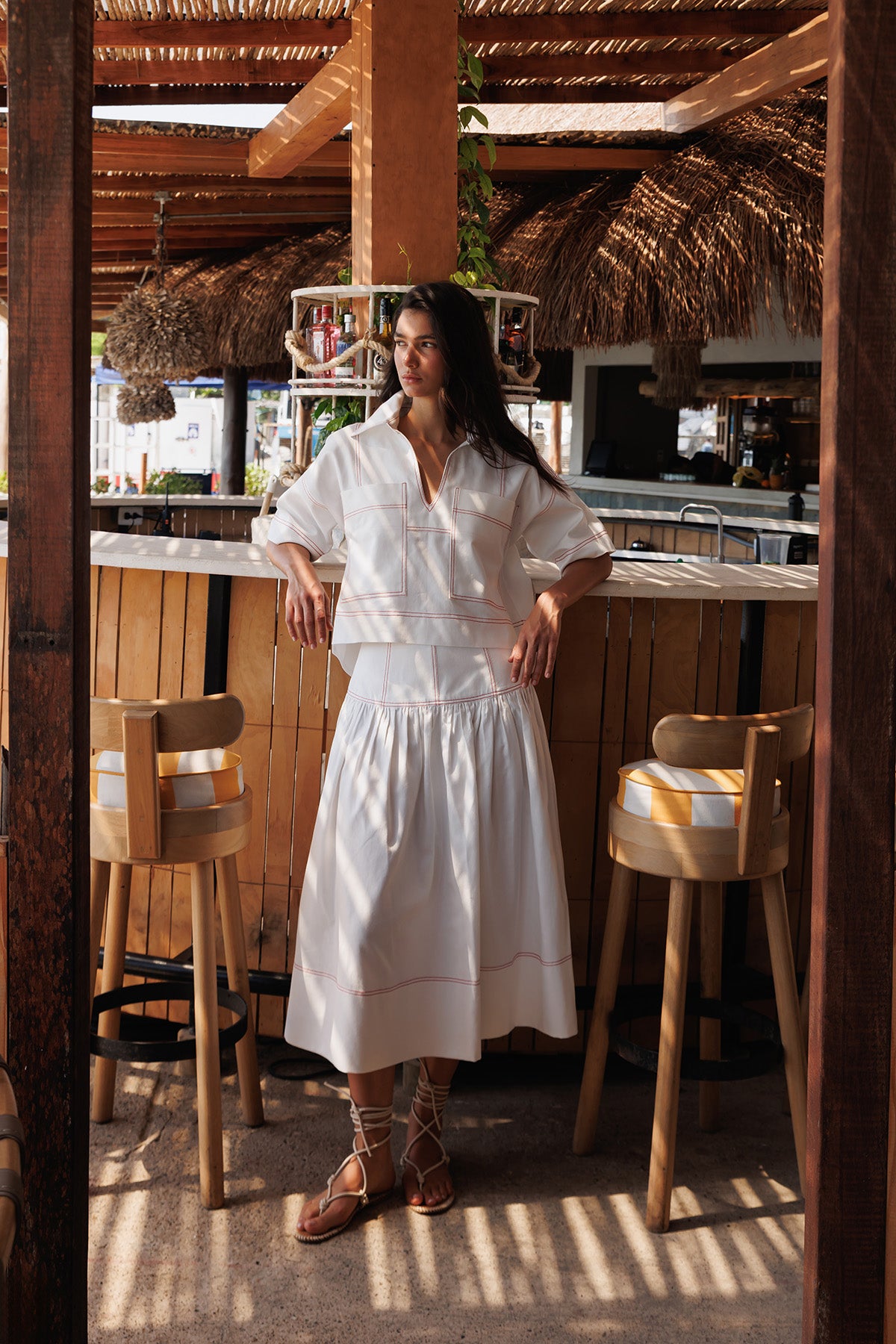 Camisa Denim Ivory Con Pespuntes