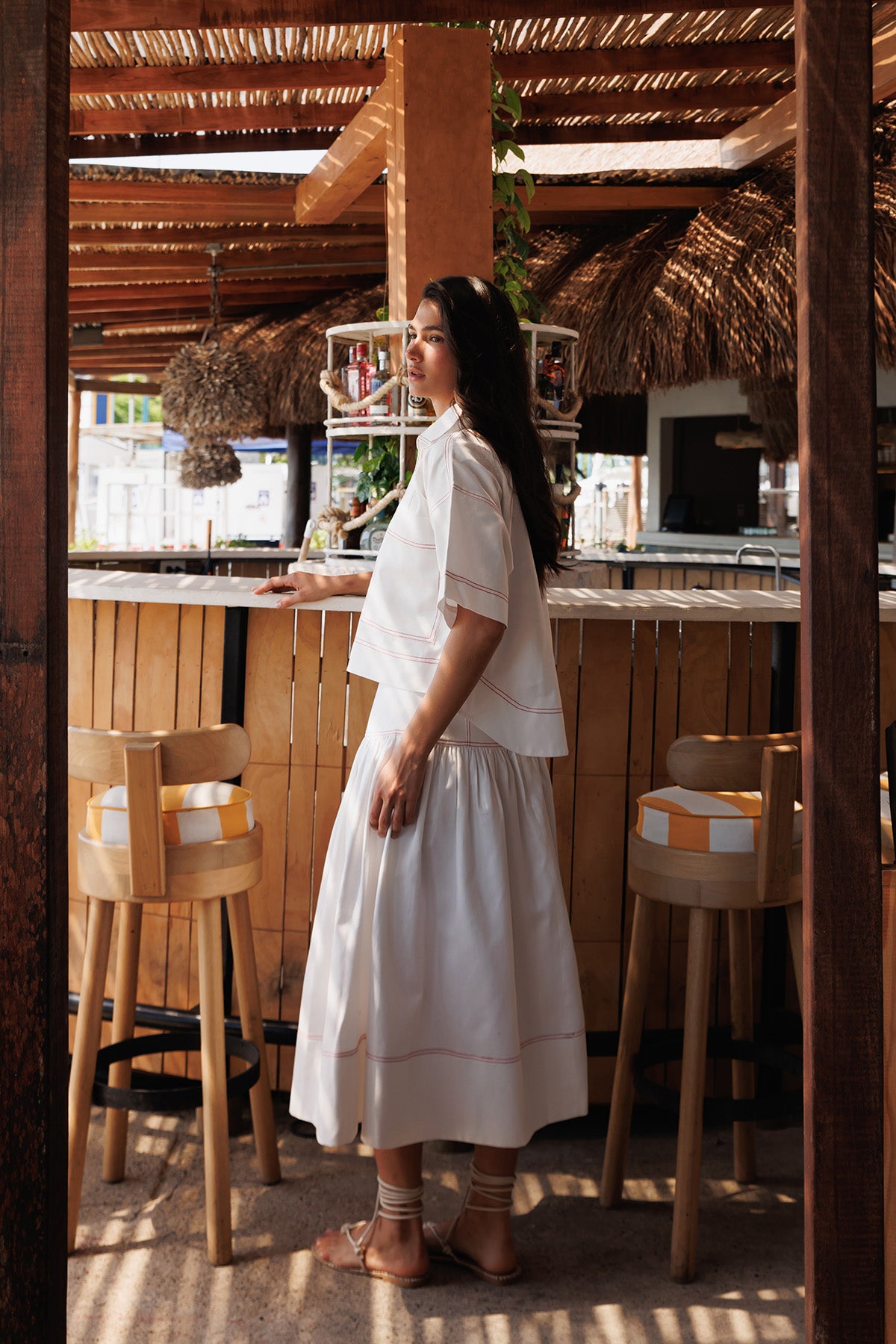 Falda Denim Ivory Con Pespuntes