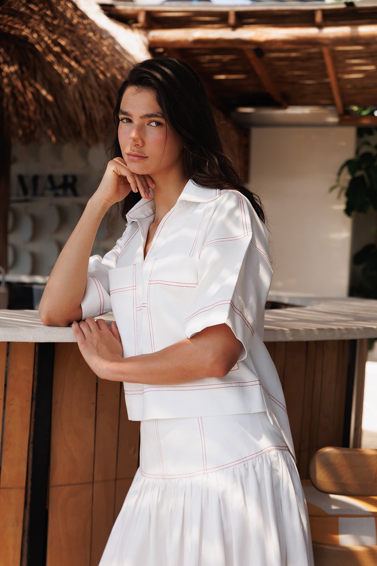 Camisa Denim Ivory Con Pespuntes