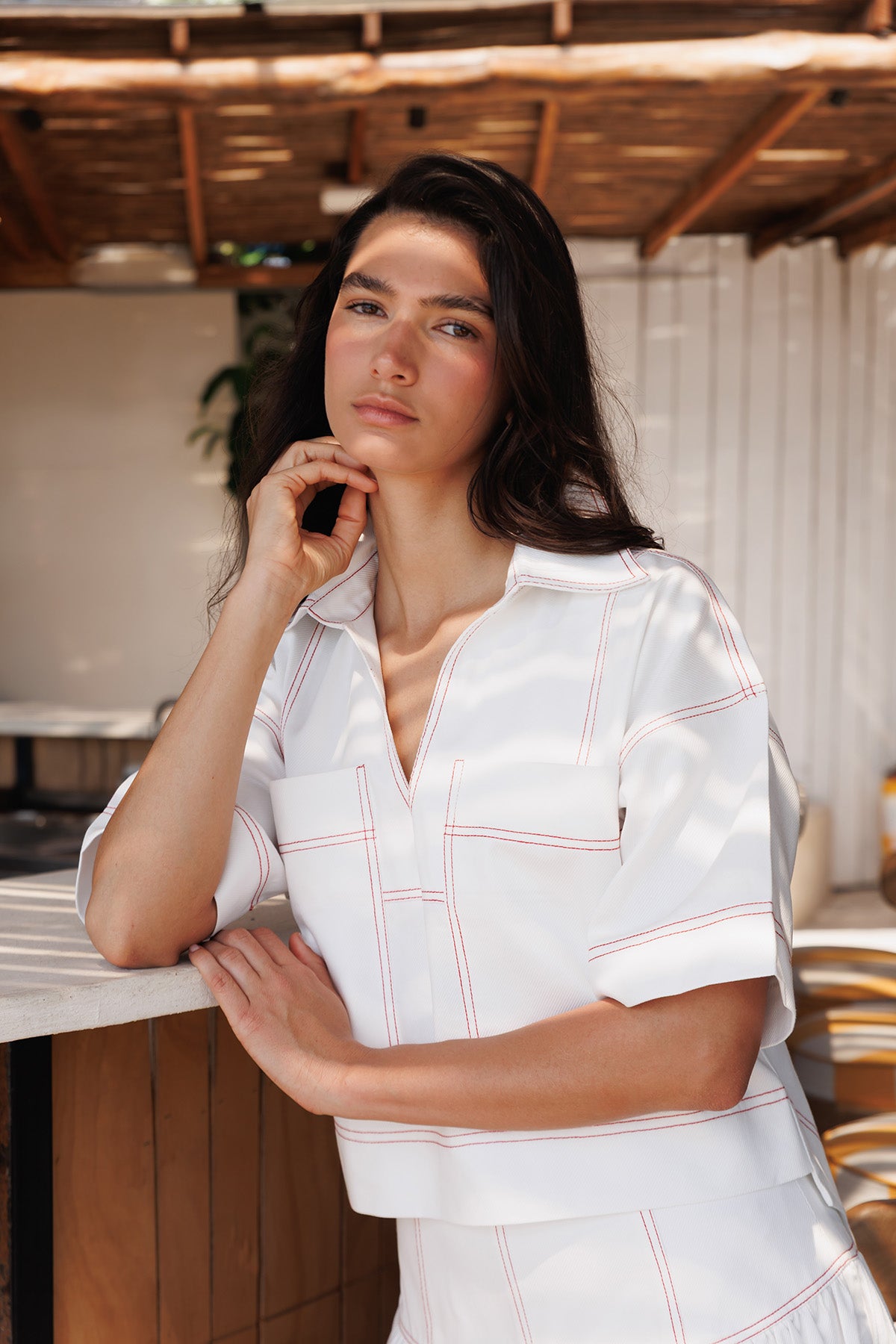 Camisa Denim Ivory Con Pespuntes
