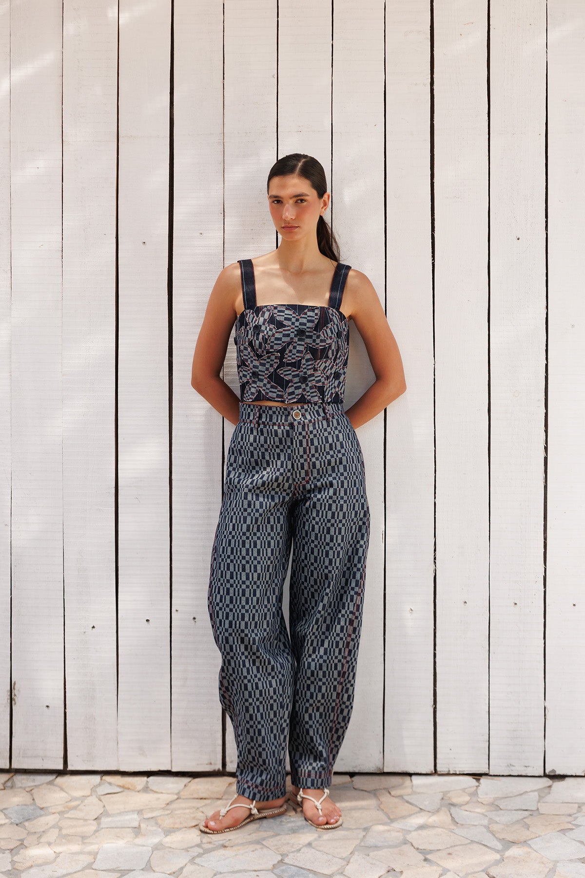 Top Denim Flor Estampado Cuadros