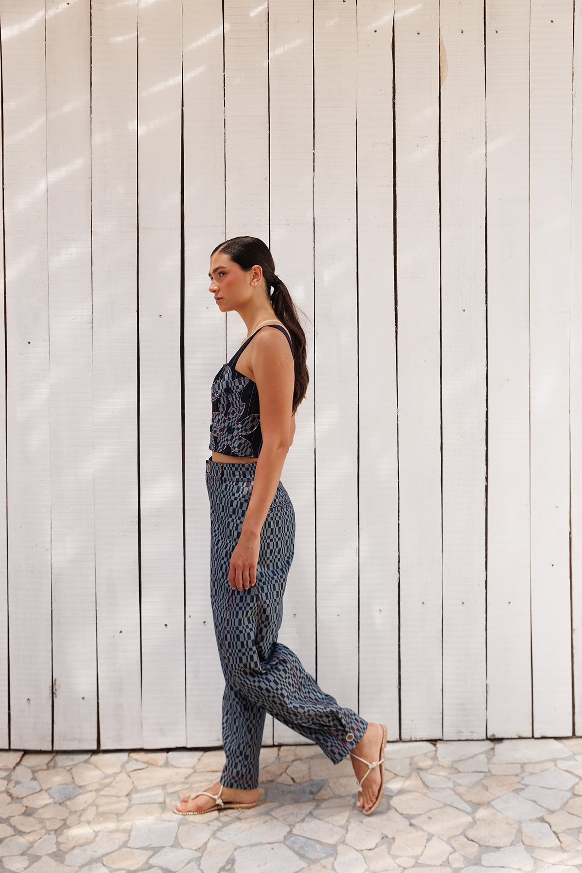 Top Denim Flor Estampado Cuadros