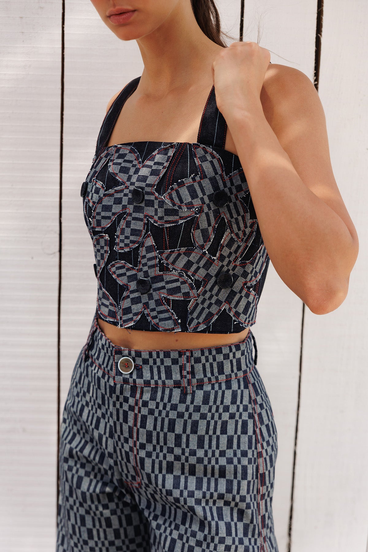 Top Denim Flor Estampado Cuadros