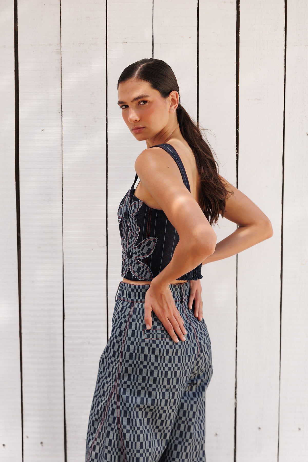 Top Denim Flor Estampado Cuadros