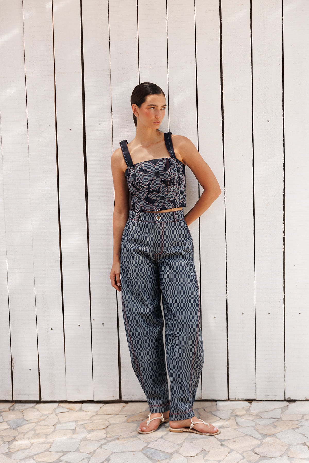 Top Denim Flor Estampado Cuadros